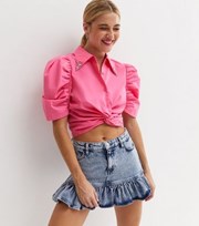 New Look Bright Pink Gem Collar Crop Shirt